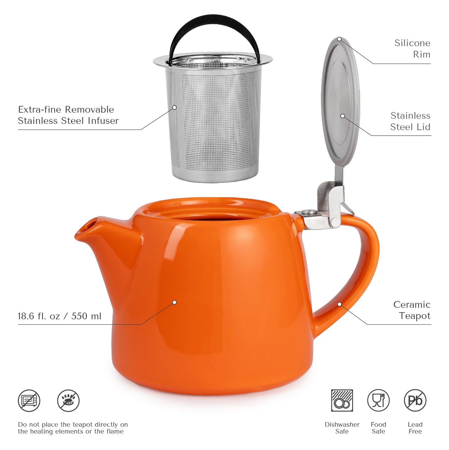 ORNA Ceramic Teapot with Basket Infuser and Stainless Steel Lid in Orange, 18.6 Oz (550ml)