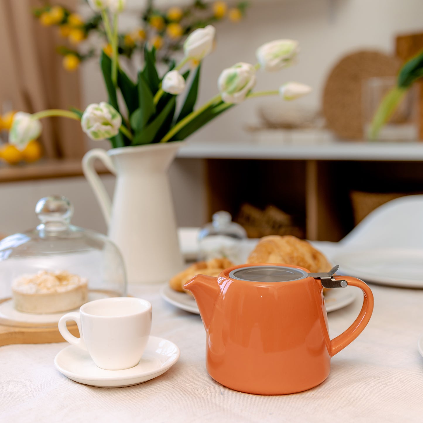 ORNA Ceramic Teapot with Basket Infuser and Stainless Steel Lid in Orange, 18.6 Oz (550ml)
