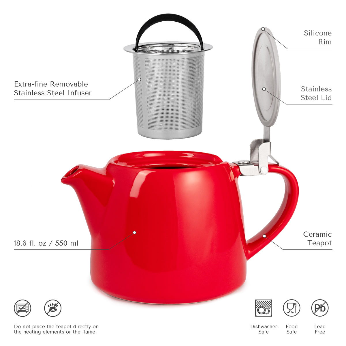 ORNA Ceramic Teapot with Basket Infuser and Stainless Steel Lid in Ora