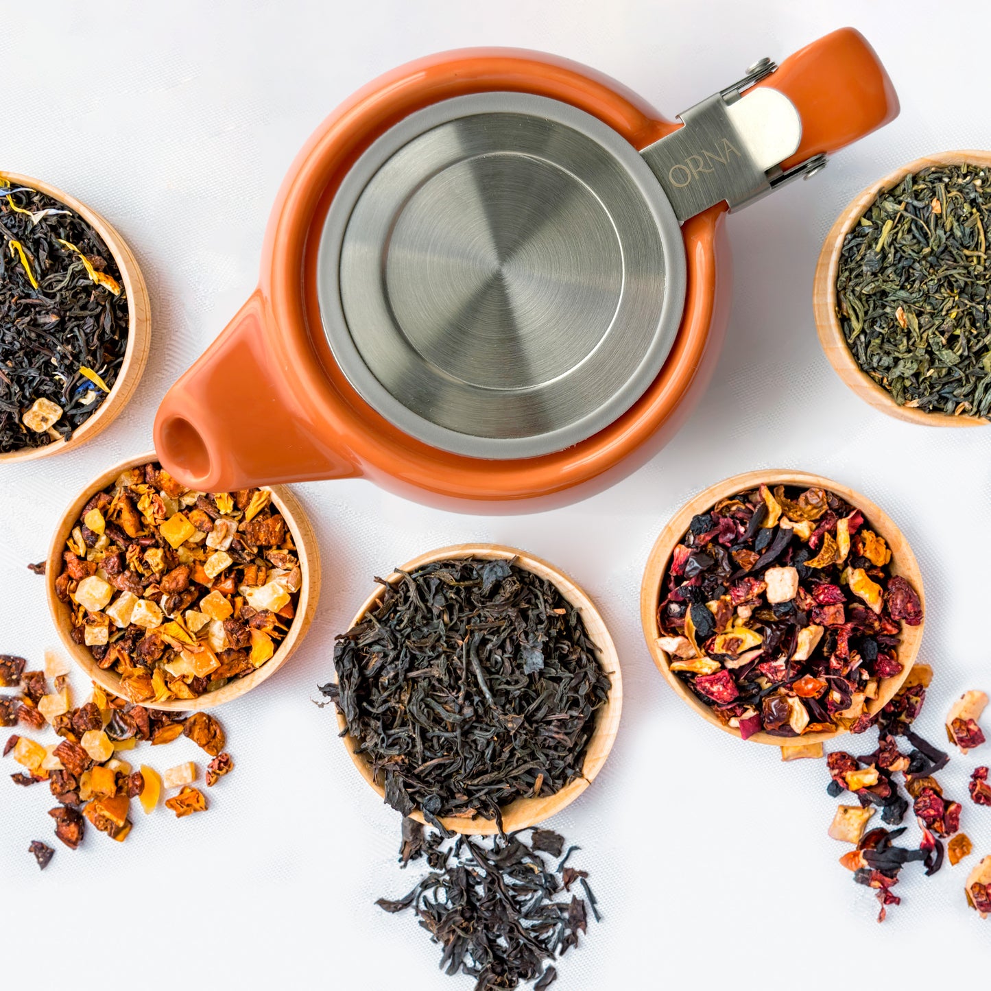 ORNA Ceramic Teapot with Basket Infuser and Stainless Steel Lid in Orange, 18.6 Oz (550ml)