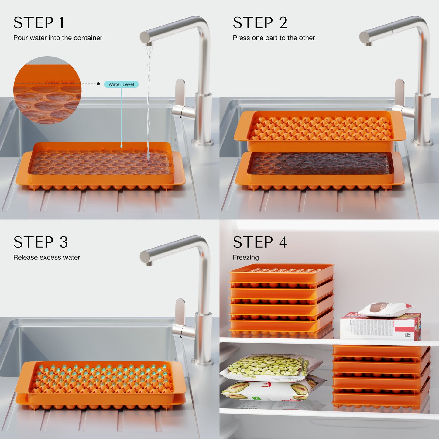 
                  
                    ORNA Ice Cube Tray with Lid, Bin, Scoop & Tongs – 4x104 Balls, 0.55-inch Ice Mould – Orange
                  
                