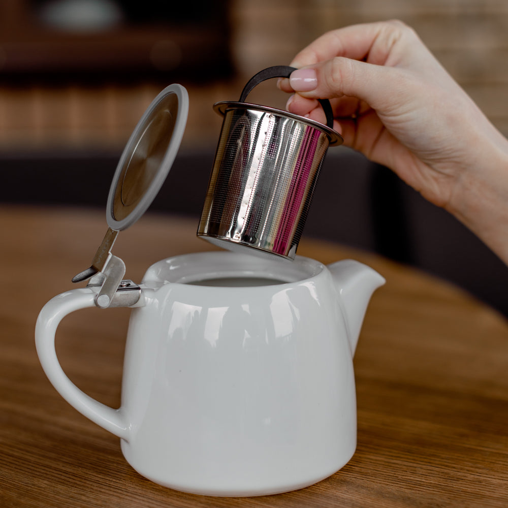 ORNA Ceramic Teapot with Basket Infuser and Stainless Steel Lid in Ora