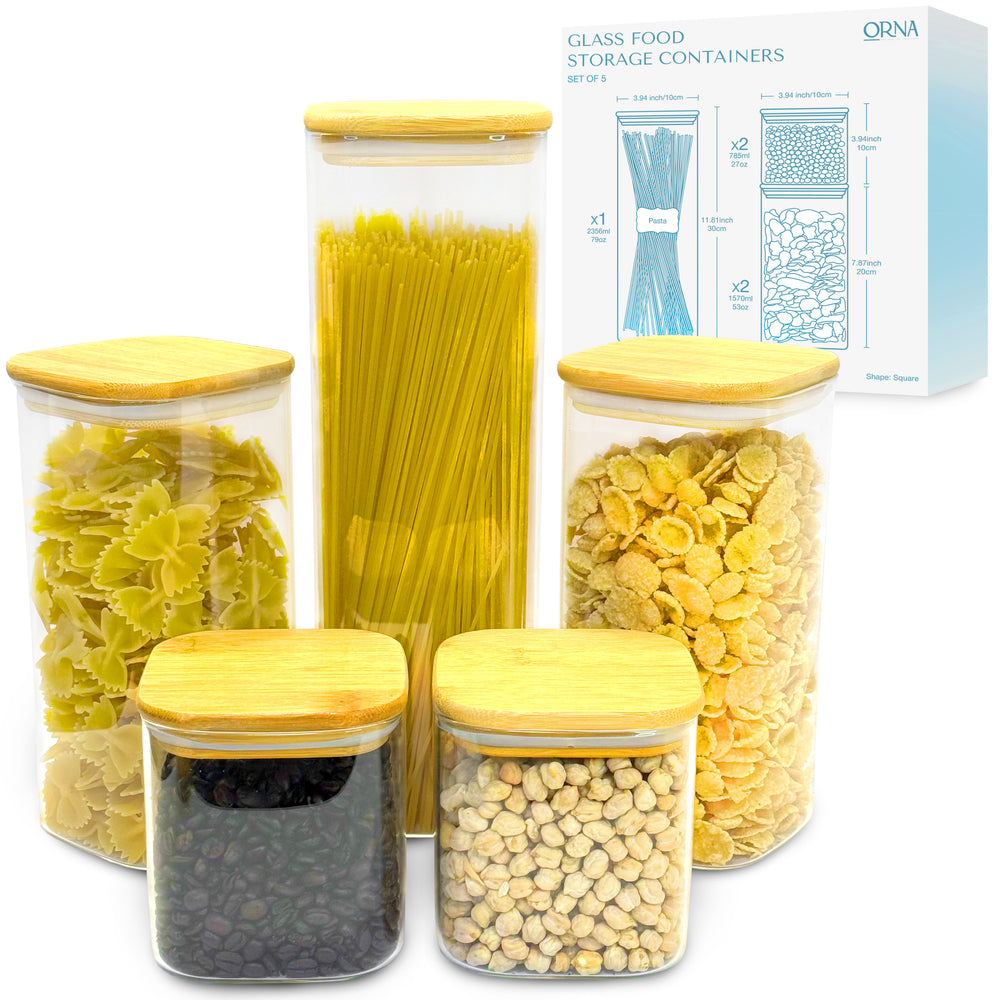 
                  
                    ORNA Glass Jars with Bamboo Lids Set of 5 in Square shape, 240 fl. oz. / 7000 ml Total Capacity
                  
                