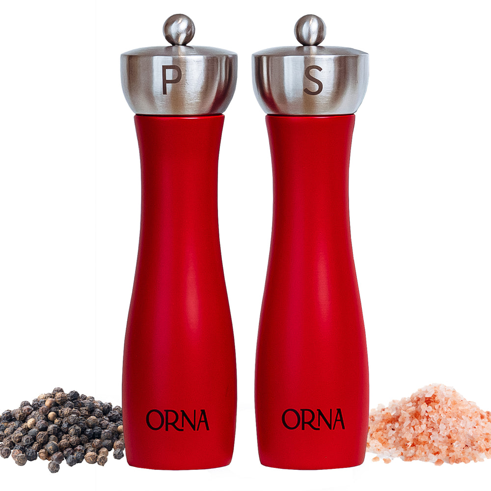 ORNA Salt and Pepper Wooden Grinder Set of 2 with Adjustable Coarseness Mechanism, 8.5 in / 21.5 cm, Red