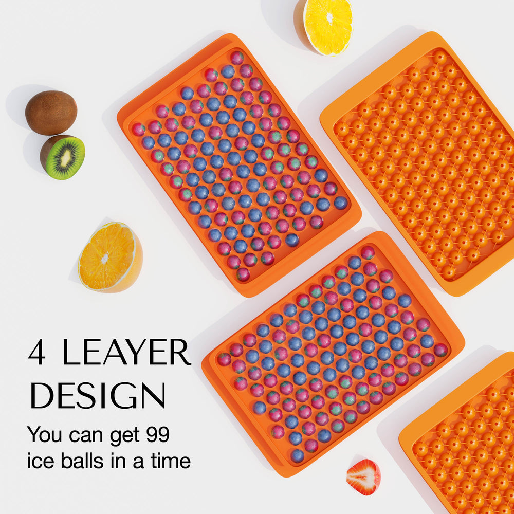 ORNA Ice Cube Tray with Lid, Bin, Scoop & Tongs – 4x104 Balls, 0.55-inch Ice Mould – Orange