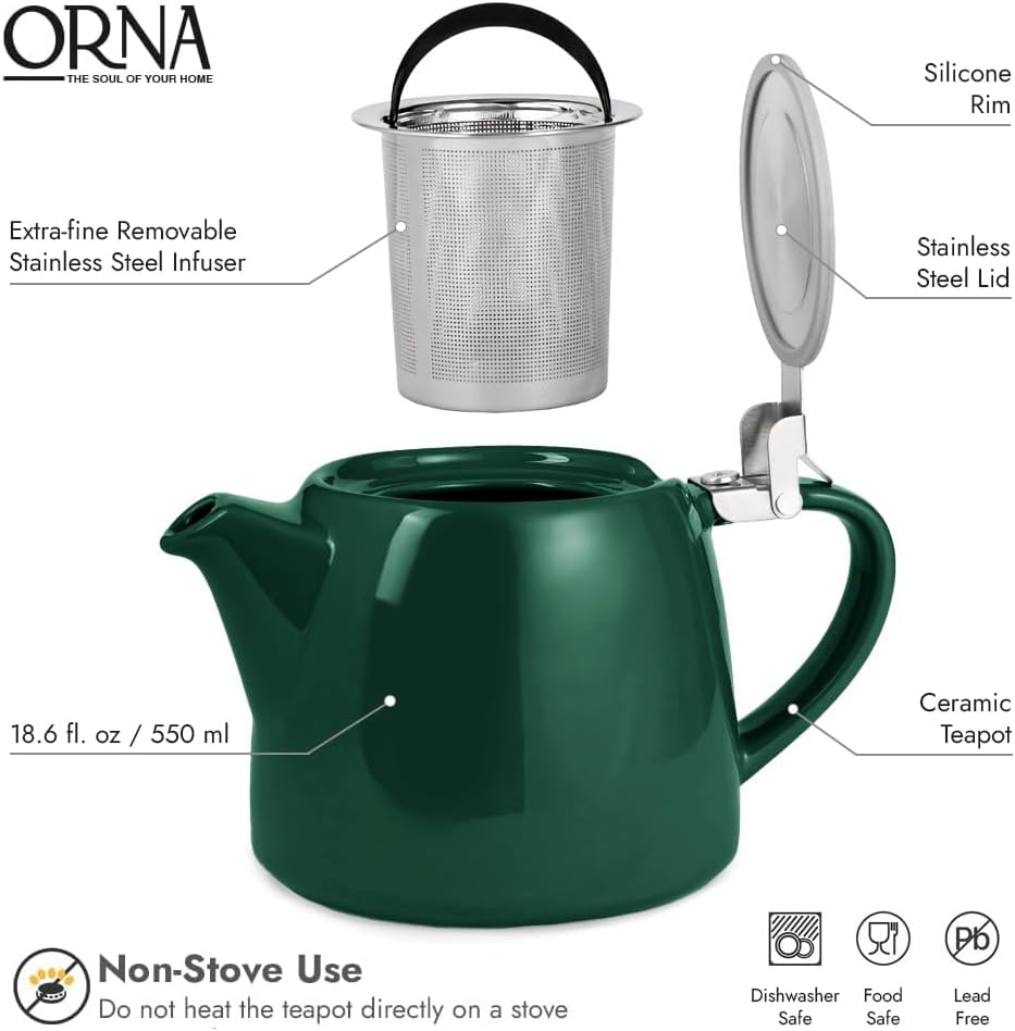 
                  
                    ORNA Ceramic Teapot with Basket Infuser and Stainless Steel Lid in Forest Green, 18.6 Oz (550ml)
                  
                