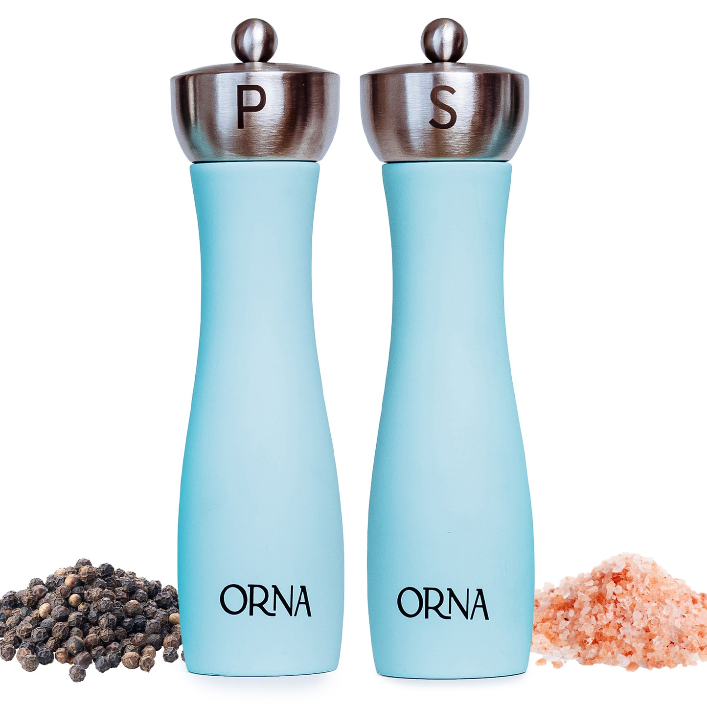 ORNA Salt and Pepper Wooden Grinder Set of 2 with Adjustable Coarseness Mechanism, 8.5 in / 21.5 cm, Turquoise