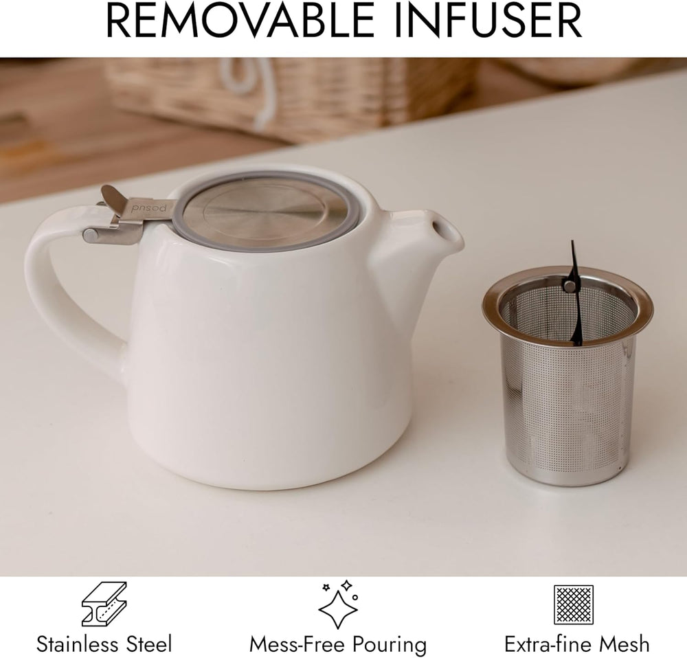 
                  
                    posud Ceramic Teapot with Infuser – Small Porcelain Loose Leaf Teapot for 2 – 550ml / 18.6 Oz Stump Tea Pot for 2 Cups with Strainer (White)
                  
                