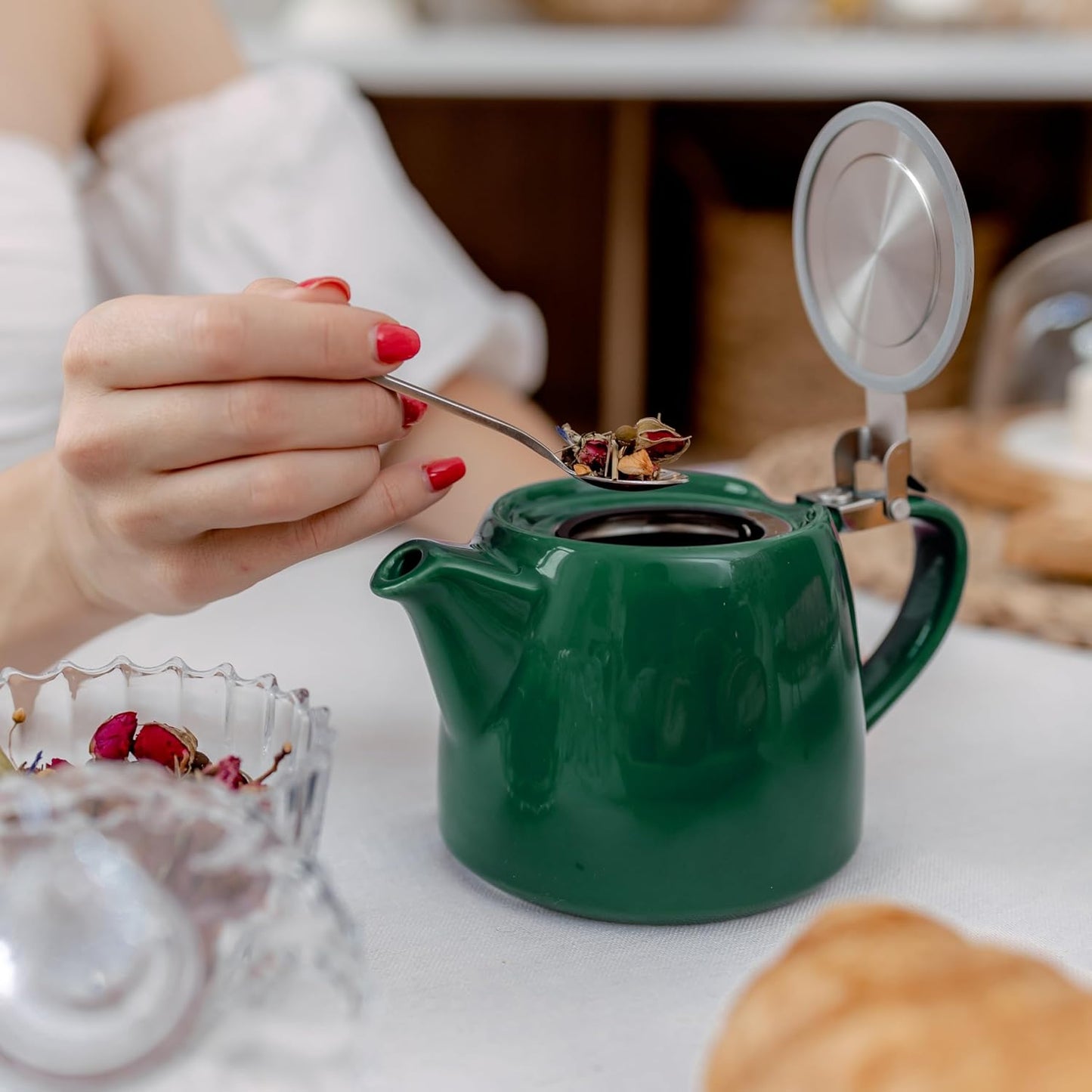 
                  
                    ORNA Ceramic Teapot with Basket Infuser and Stainless Steel Lid in Forest Green, 18.6 Oz (550ml)
                  
                