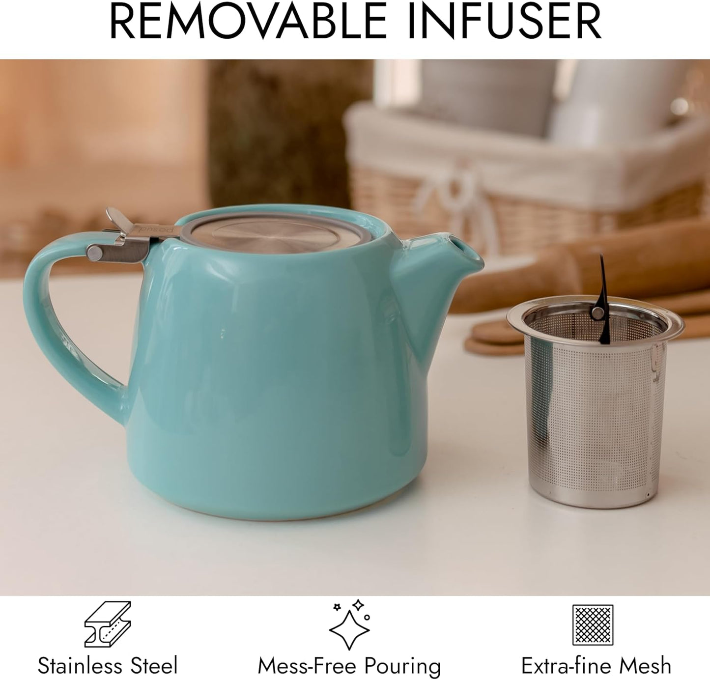 
                  
                    posud Ceramic Teapot with Infuser – Small Porcelain Loose Leaf Teapot for 2 – 550ml / 18.6 Oz Stump Tea Pot for 2 Cups with Strainer (Turquoise)
                  
                