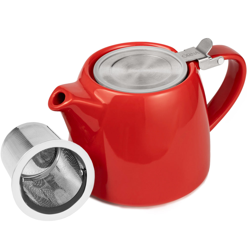 ORNA Ceramic Teapot with Basket Infuser and Stainless Steel Lid in Red, 18.6 Oz (550ml)