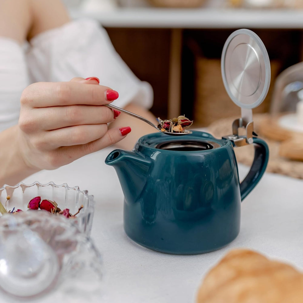 ORNA Ceramic Teapot with Basket Infuser and Stainless Steel Lid in Oce