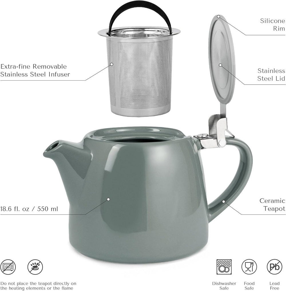 ORNA Ceramic Teapot with Basket Infuser and Stainless Steel Lid in Ora