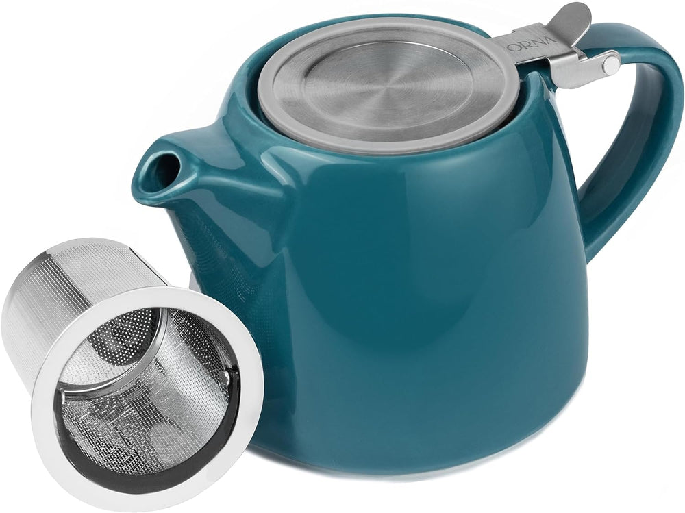 ORNA Ceramic Teapot with Basket Infuser and Stainless Steel Lid in Ocean, 18.6 Oz (550ml)