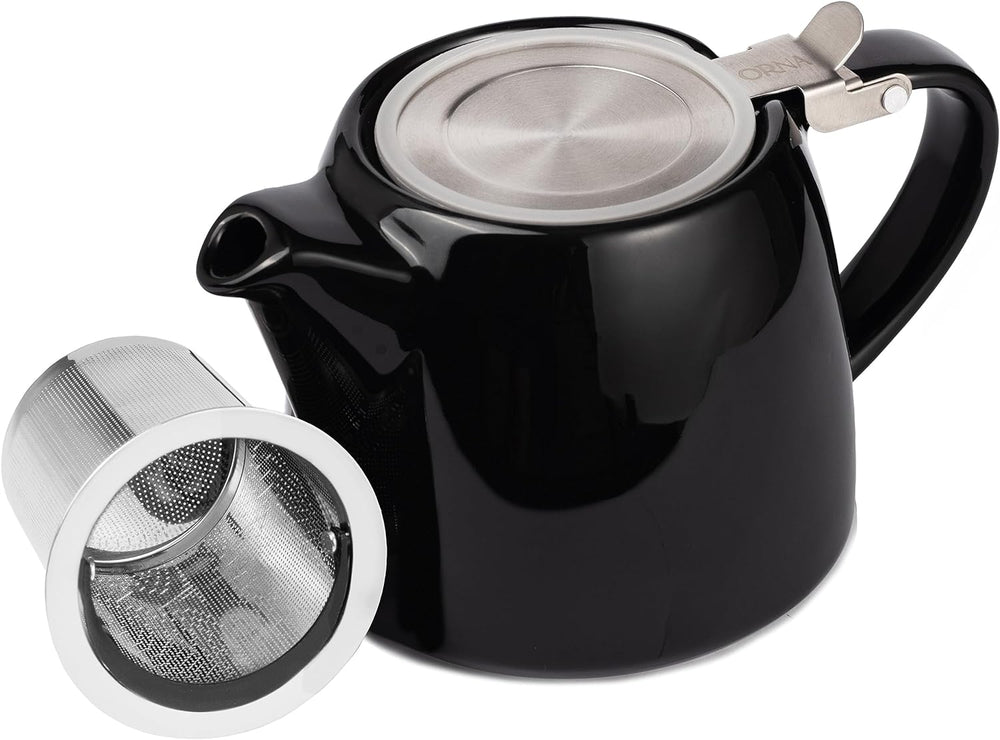 ORNA Ceramic Teapot with Basket Infuser and Stainless Steel Lid in Black, 18.6 Oz (550ml)