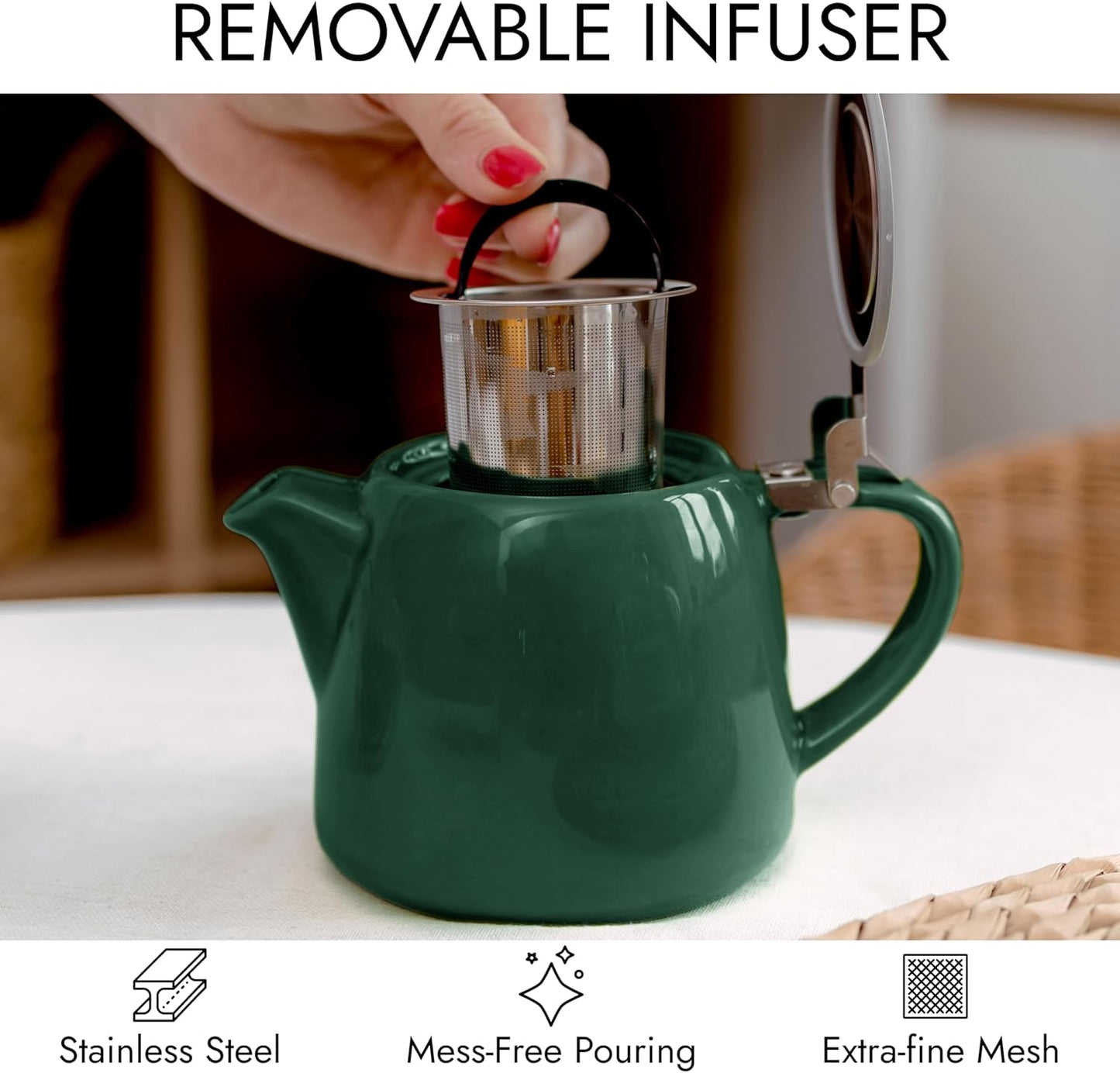 
                  
                    posud Ceramic Teapot with Infuser – Small Porcelain Loose Leaf Teapot for 2 – 550ml / 18.6 Oz Stump Tea Pot for 2 Cups with Strainer (Forest Green)
                  
                