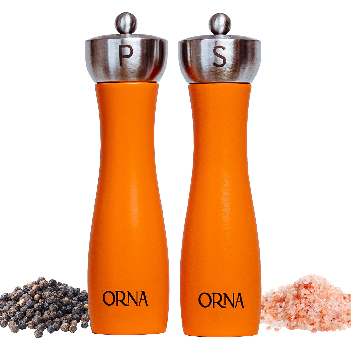 ORNA Salt and Pepper Wooden Grinder Set of 2 with Adjustable Coarseness Mechanism, 8.5 in / 21.5 cm, Orange