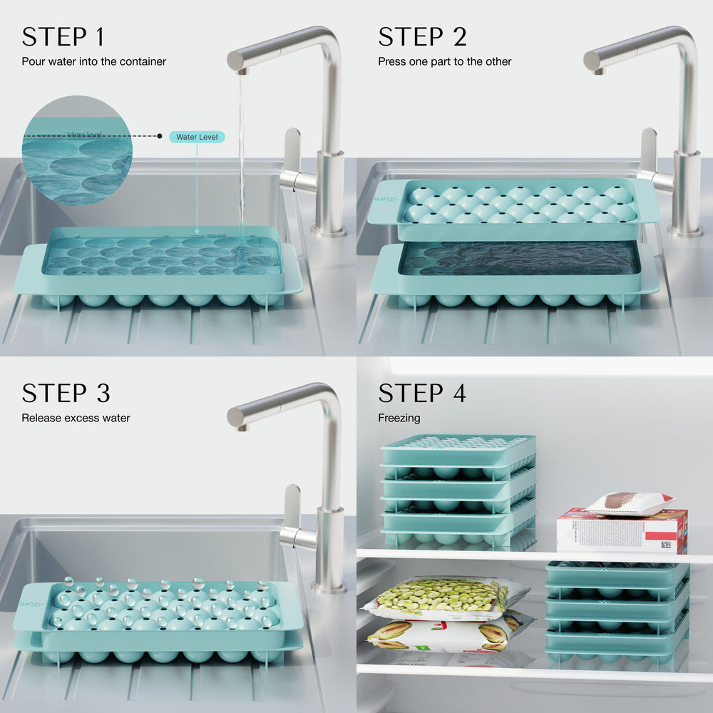 
                  
                    ORNA Ice Cube Tray with Lid, Bin, Scoop & Tongs – 3x33 Balls, 1-inch Ice Mould – Turquoise
                  
                