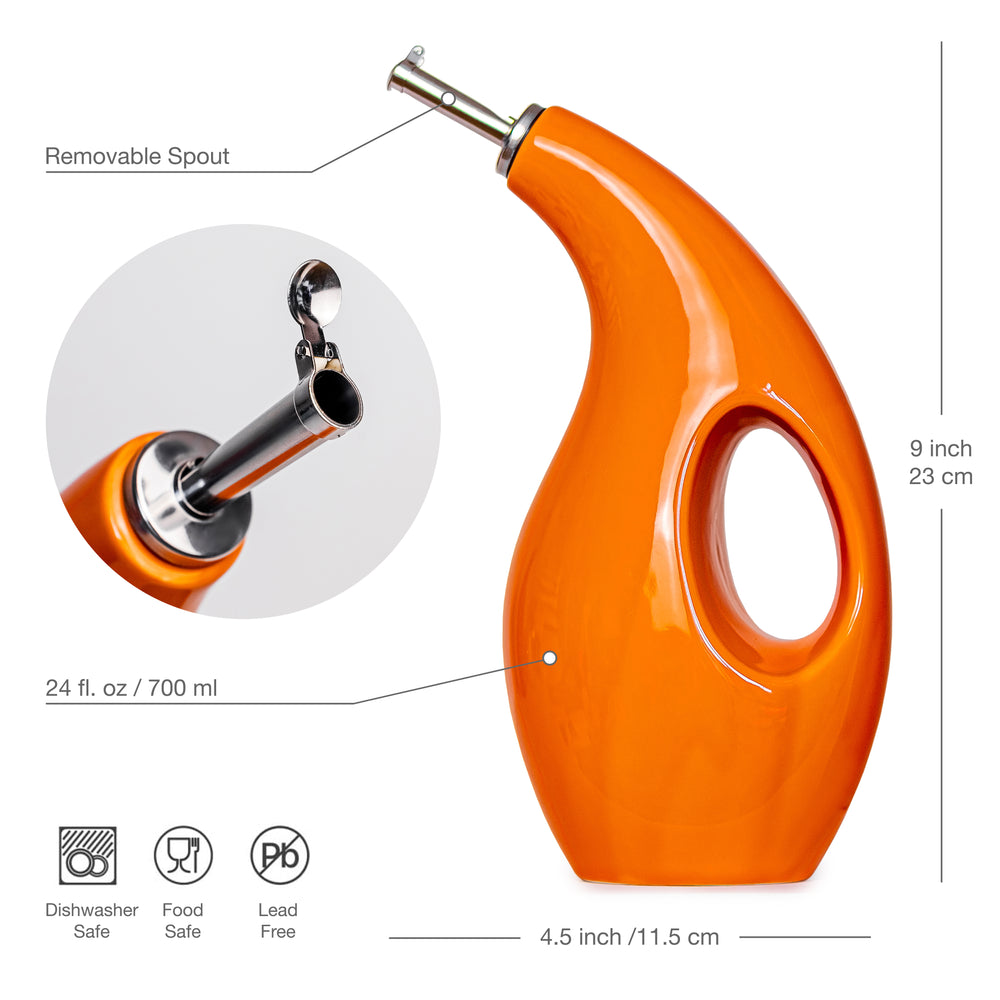 ORNA Ceramic Oil Dispenser Bottle with 2 Stainless Steel Pourers in Orange, 700ml / 24 Oz