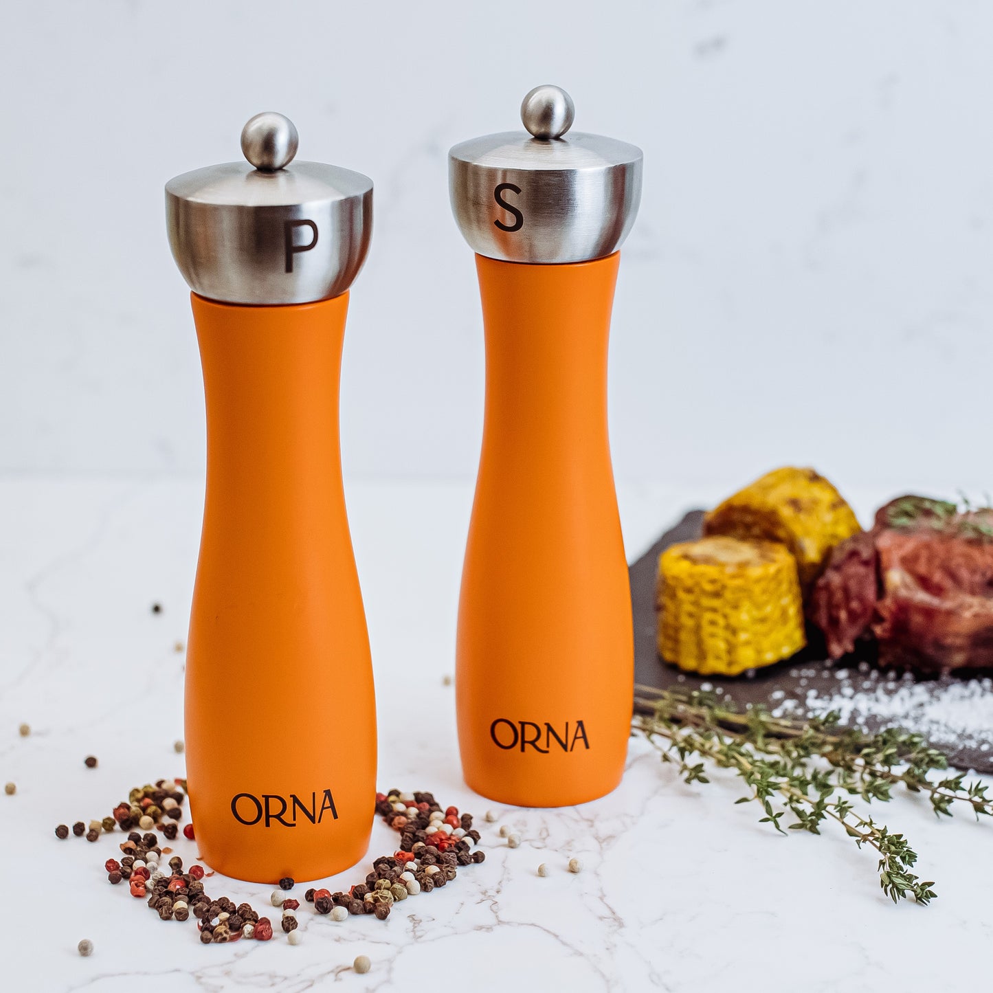 
                  
                    ORNA Salt and Pepper Wooden Grinder Set of 2 with Adjustable Coarseness Mechanism, 8.5 in / 21.5 cm, Orange
                  
                