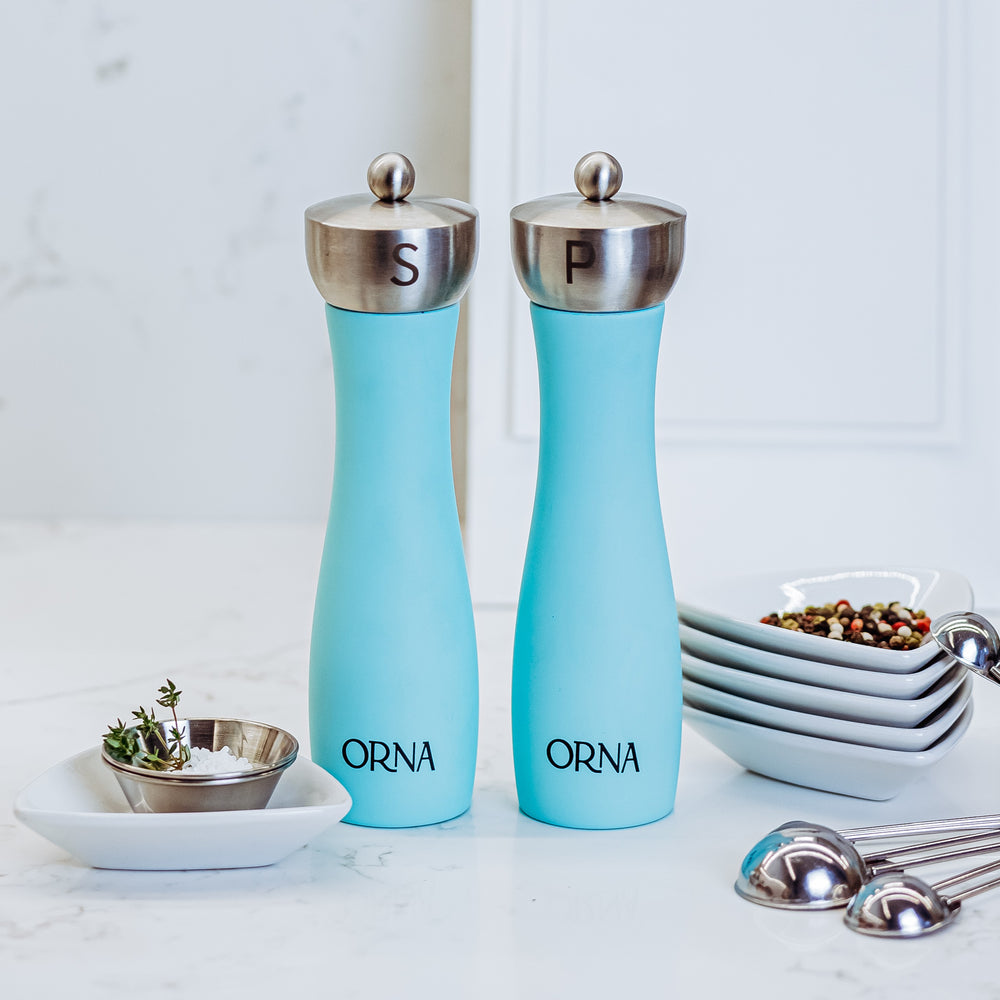 
                  
                    ORNA Salt and Pepper Wooden Grinder Set of 2 with Adjustable Coarseness Mechanism, 8.5 in / 21.5 cm, Turquoise
                  
                