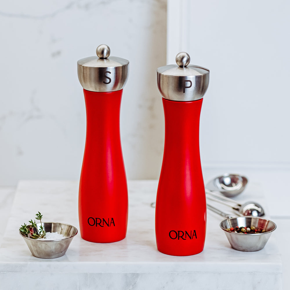 ORNA Salt and Pepper Wooden Grinder Set of 2 with Adjustable Coarseness Mechanism, 8.5 in / 21.5 cm, Red