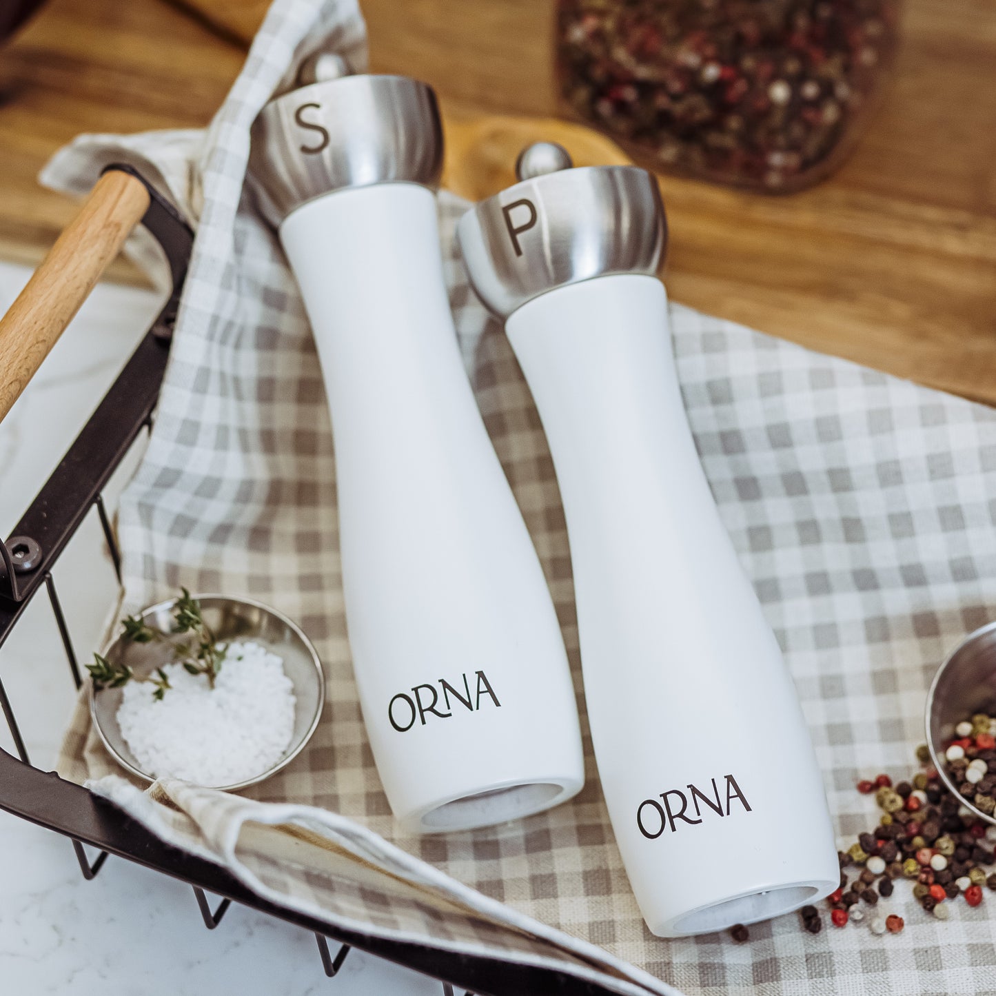 
                  
                    ORNA Salt and Pepper Wooden Grinder Set of 2 with Adjustable Coarseness Mechanism, 8.5 in / 21.5 cm, White
                  
                