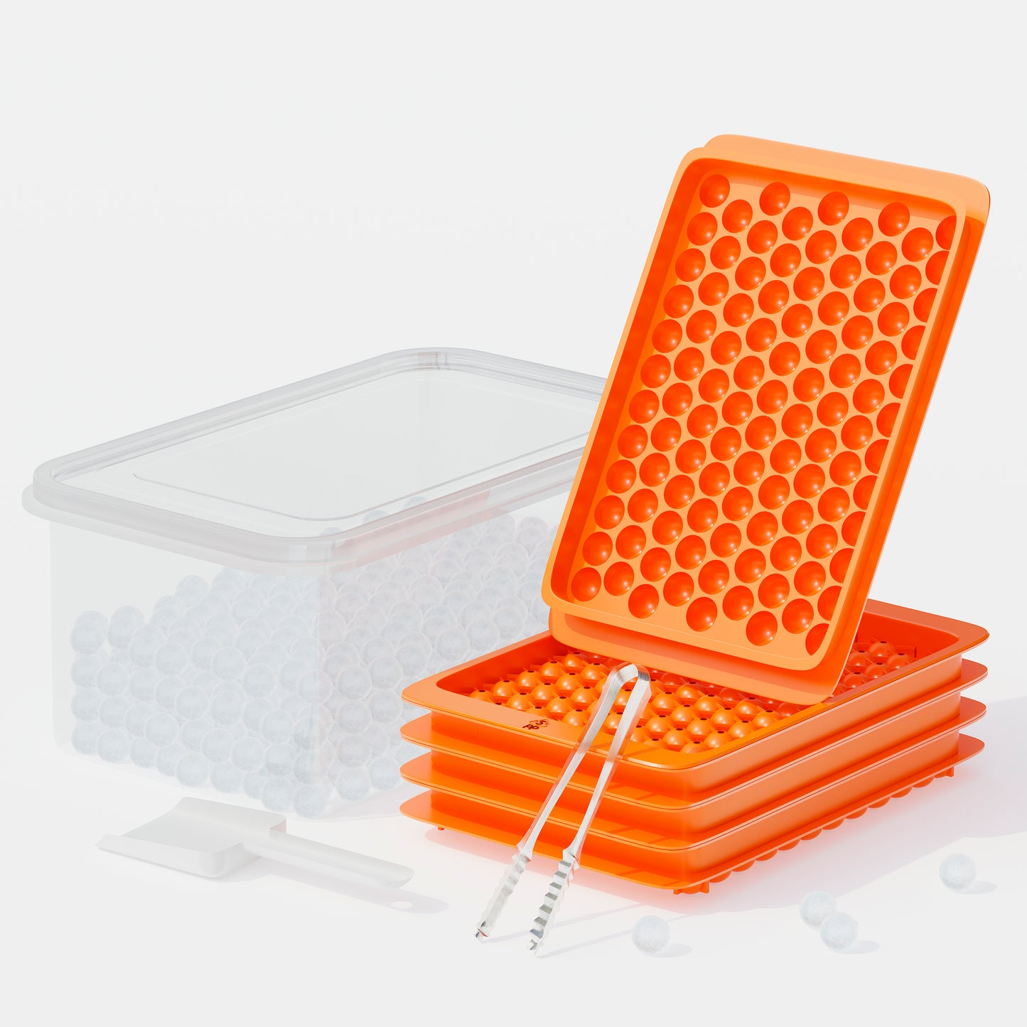 ORNA Ice Cube Tray with Lid, Bin, Scoop & Tongs – 4x104 Balls, 0.55-inch Ice Mould – Orange