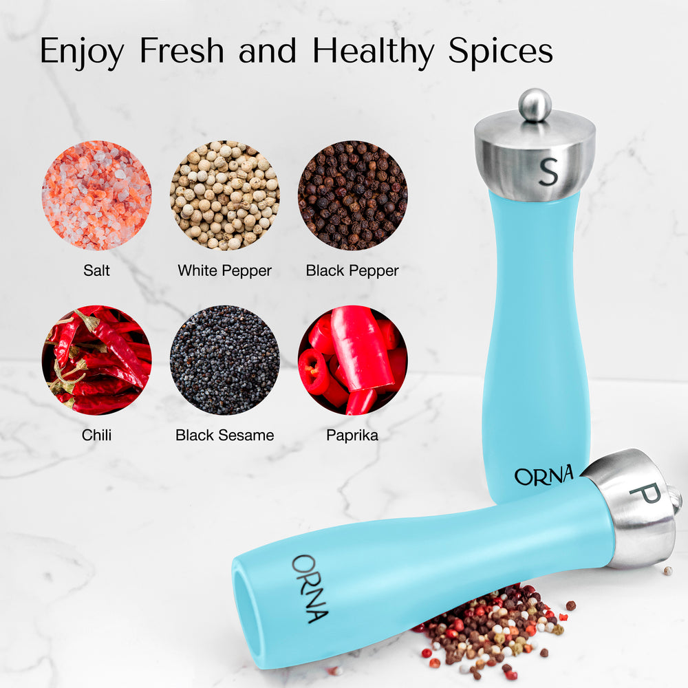 ORNA Salt and Pepper Wooden Grinder Set of 2 with Adjustable Coarseness Mechanism, 8.5 in / 21.5 cm, Turquoise